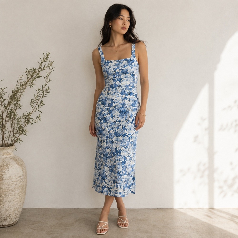 Abercrombie & Fitch Floral Dress Womens Size S Blue Column Cottagecore Summer